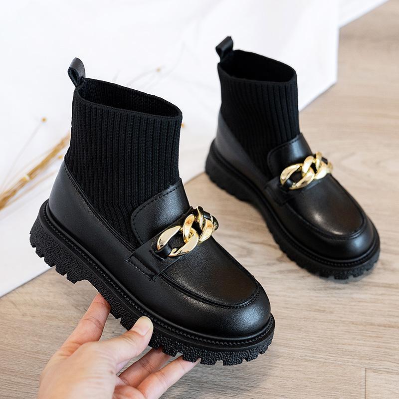 

Boots Luxury Children Socks Leather Platform Brand Slip On Girls Princess Shoes Non-Slip Thick Bottom Kids Ankle Botas, Black;grey
