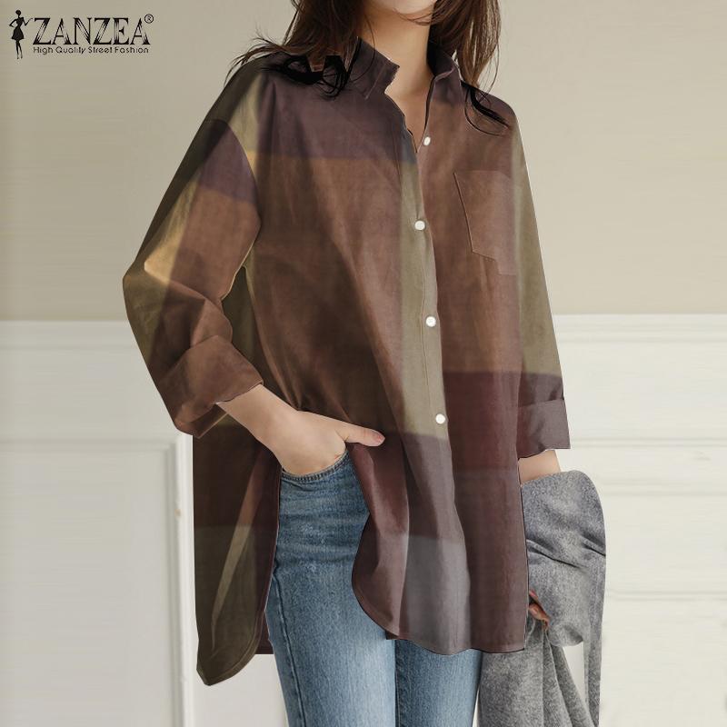 

Fashion Pockets Asymmetrical Chemise ZANZEA Women Autumn Long Sleeve Blouses Casual Shirt Kaftan Plaid Printed Tops Plus Size, Blue