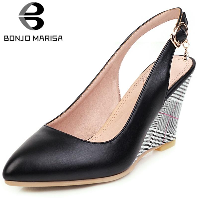 

Sandals BONJOMARISA Ladies Summer Office Elegant Shallow Seyx Pointed Toe Women Gingham High Wedges Shoes Woman, Black