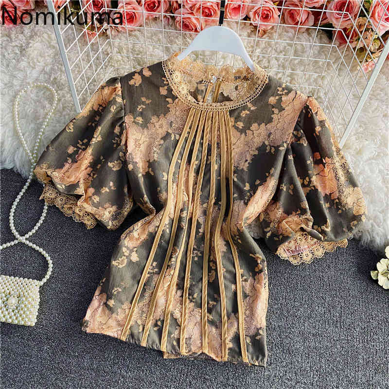 Nomikuma Lace Shirt Korean Short Lantern Sleeve O-neck Blouse Spring Summer New Slim Elegant Blusas Feminimos Top 6F027 210427