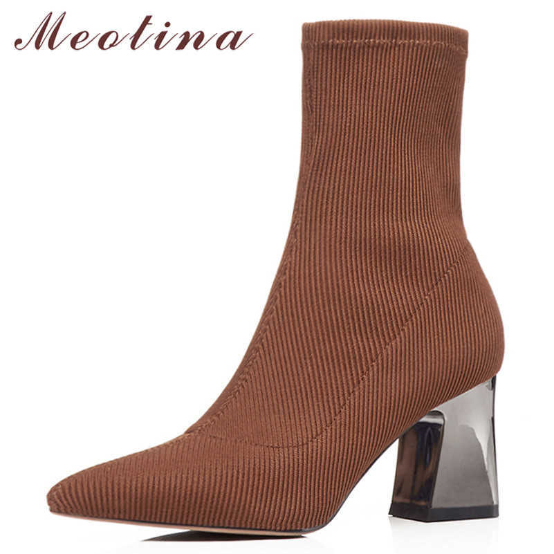 

Meotina Autumn Ankle Boots Women Knitting Thick High Heel Sock Boots Slim Stretch Pointed Toe Short Shoes Lady Spring Size 33-42 210608, Black