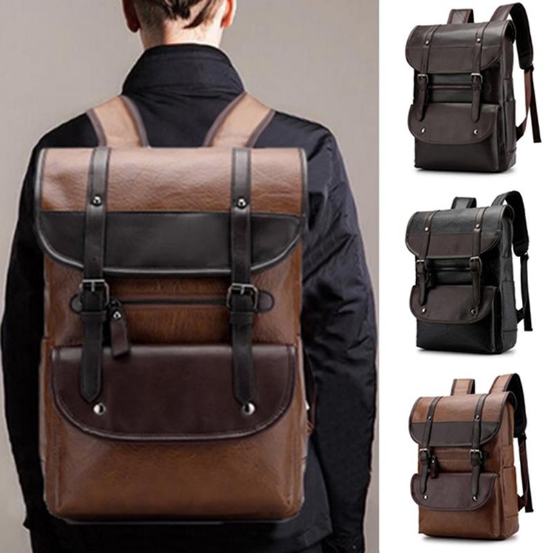 

Backpack Men Vintage Laptop Leather Backpacks School Bags PU Travel Leisure Retro Casual Bag Schoolbags Teenager Students, Khaki