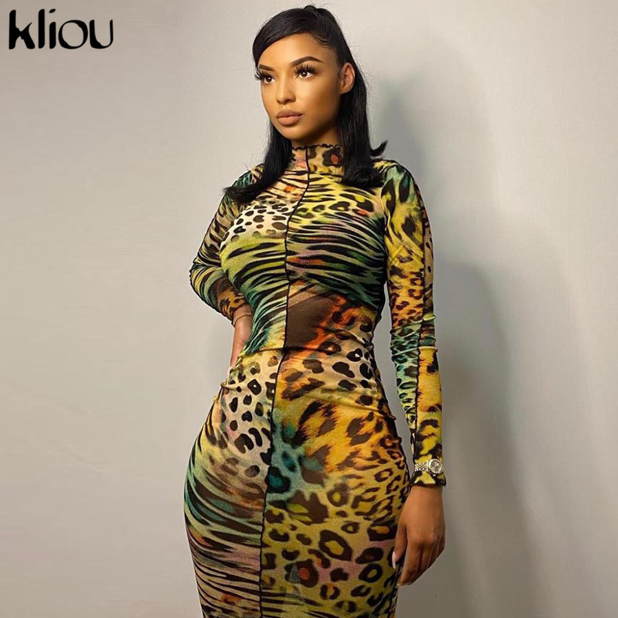 

Kliou Mesh Farbic Leopard Pattern Print Maxi Dresses For Women Sexy See Through Ruffle Skinny Attractive Clubwear Party Clothing, Bu