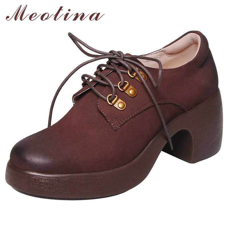 

Meotina Women Pumps High Heels Natural Genuine Leather Chunky High Heels Shoes Real Leather Lace Up Shoes Female Autumn Size 40 210608, Black