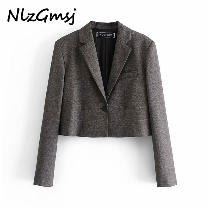 

Blazer Women Plaid Button Short Ladies Long Sleeve Office Jacket Streetwear Female Outwear 210628, As picture