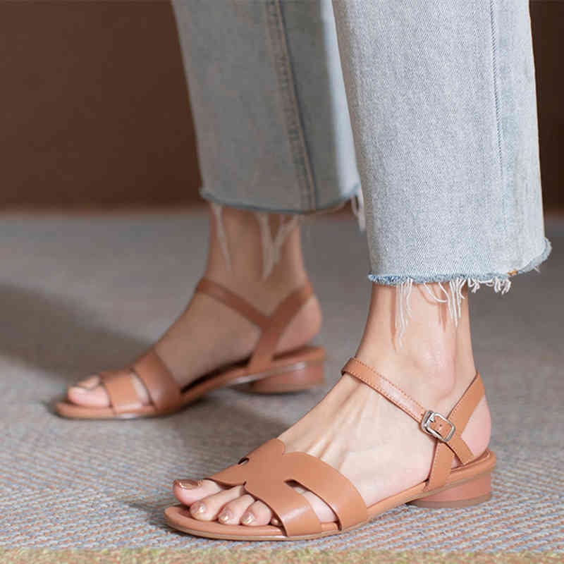 

sandals genuine leather sandals of women low-heel shoes two inches summer design ladies slides luxury brand woman e53g, Black