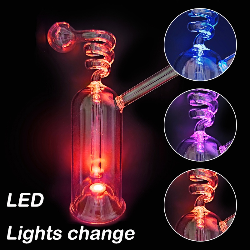 

LED Glow Glass Hookah Spiral Smoking Pipe Smoke Shisha Diposable Glass Pipes Oil Burner Ash Catcher Bong Percolater Whole Set Bubbler Gifts Tobacco Bowl Accessories