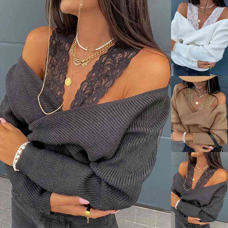 

Sexy Women Sweaters Polyester Long Sleeve Off Shoulder Lace Strap Autumn Winter Knit Sweater Pullovers Loose Womens Clothing, White;black