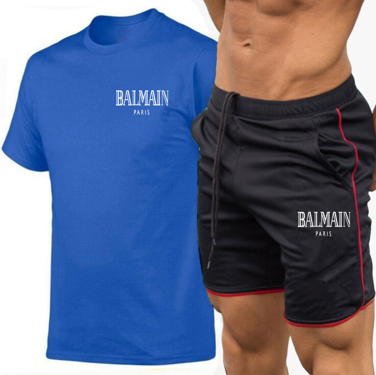 

2021 Casual Men's Sets Summer Tracksuit Men Print Short Sleeve T-shirt 2 Piece+Shorts Set Fashion Sportswear male Plus Size S-2XL, Gray