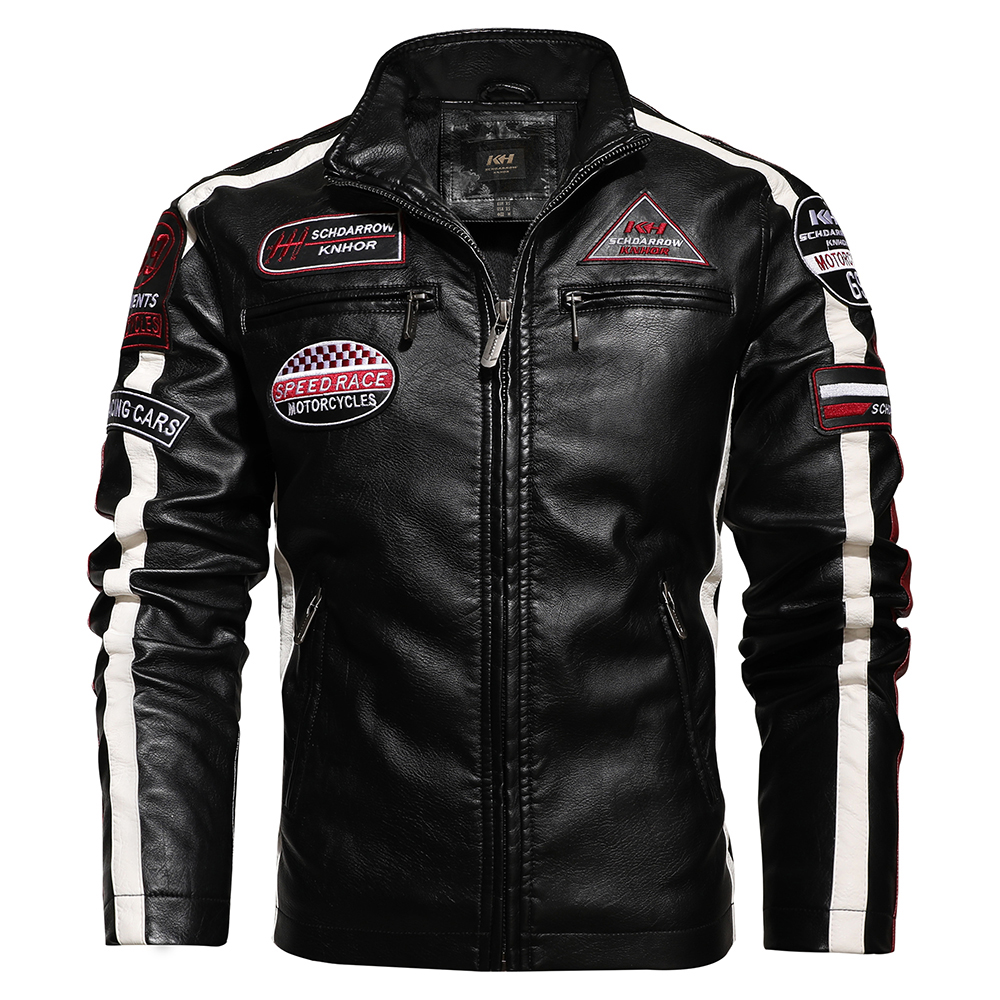 

Autumn and Winter Mens Jacket Slim Leather Motorcycle Jacket Pilot Embroidered Jacket Fleece Pu Dust, Black