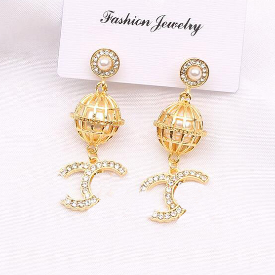 

13style 18K Gold Plated 925 Silver Designer Letters Long Stud Luxury Brand Small Sweet Wind Women Crystal Rhinestone Pearl Earring Ladies Wedding Party Jewelry