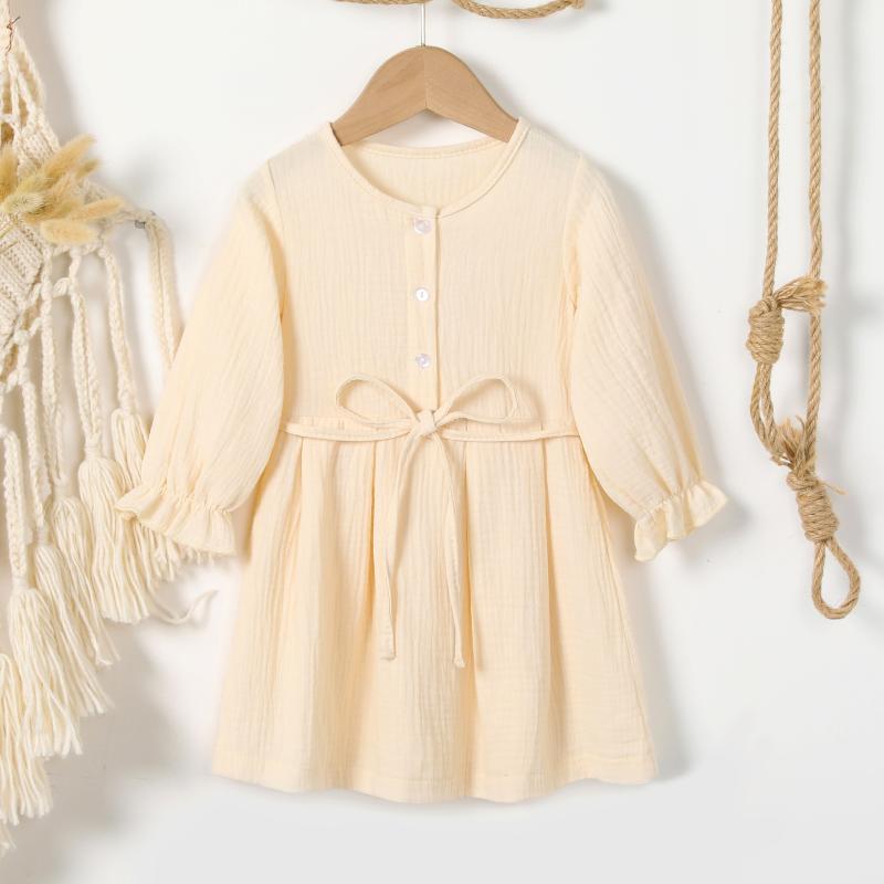 

Girl's Dresses Girls Casual Big Hem Dress With Waistband Solid Color Round Collar Long Sleeve Skirt Kids Spring Autumn Fashion, Red;yellow