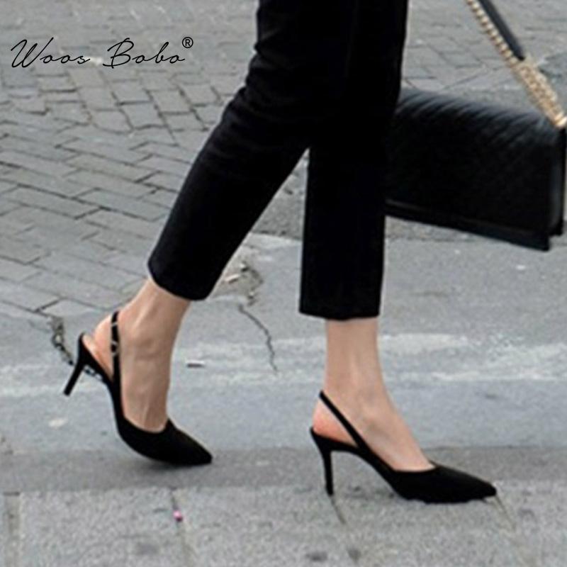 

Black Sandals High Heels Women Pointed Suede Slingbacks Pumps 2021 Fashion One Buckle Shoes