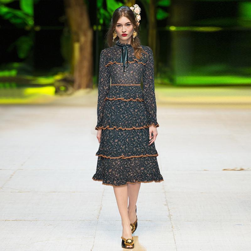 

Casual Dresses Gedivoen Spring Fashion Designer Vintage Dress Women Stand Lace Up Cascading Ruffle Floral Print Party Knee Length, Green