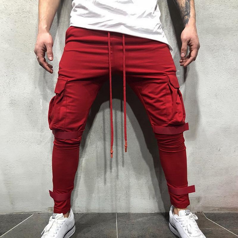

Men's Pants Fashion Spring Autumn Mens Sports Slim Workout Tide Nice Male Drawstring Pocket Fitness Hip Hop Trousers, Red