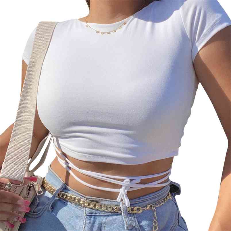 

Sexy Ladies Backless Bandage Hollow Out Short Sleeve T-shirts Summer Lace-up Slim Crop Top T Shirt White Blue Fashion Streetwear 210604, Pink