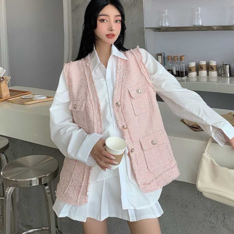 

Spring Tweed Vest Women's Fashion Cardigan Retro Solid Sleeveless Single Breasted Casual Coat 210526, Pink