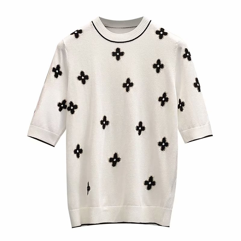 

512 2021 Spring Summer Brand Same Style Short Sleeve Crew Neck Ice Silk Kint Sweater Pullover Women Clothes Qian, Black