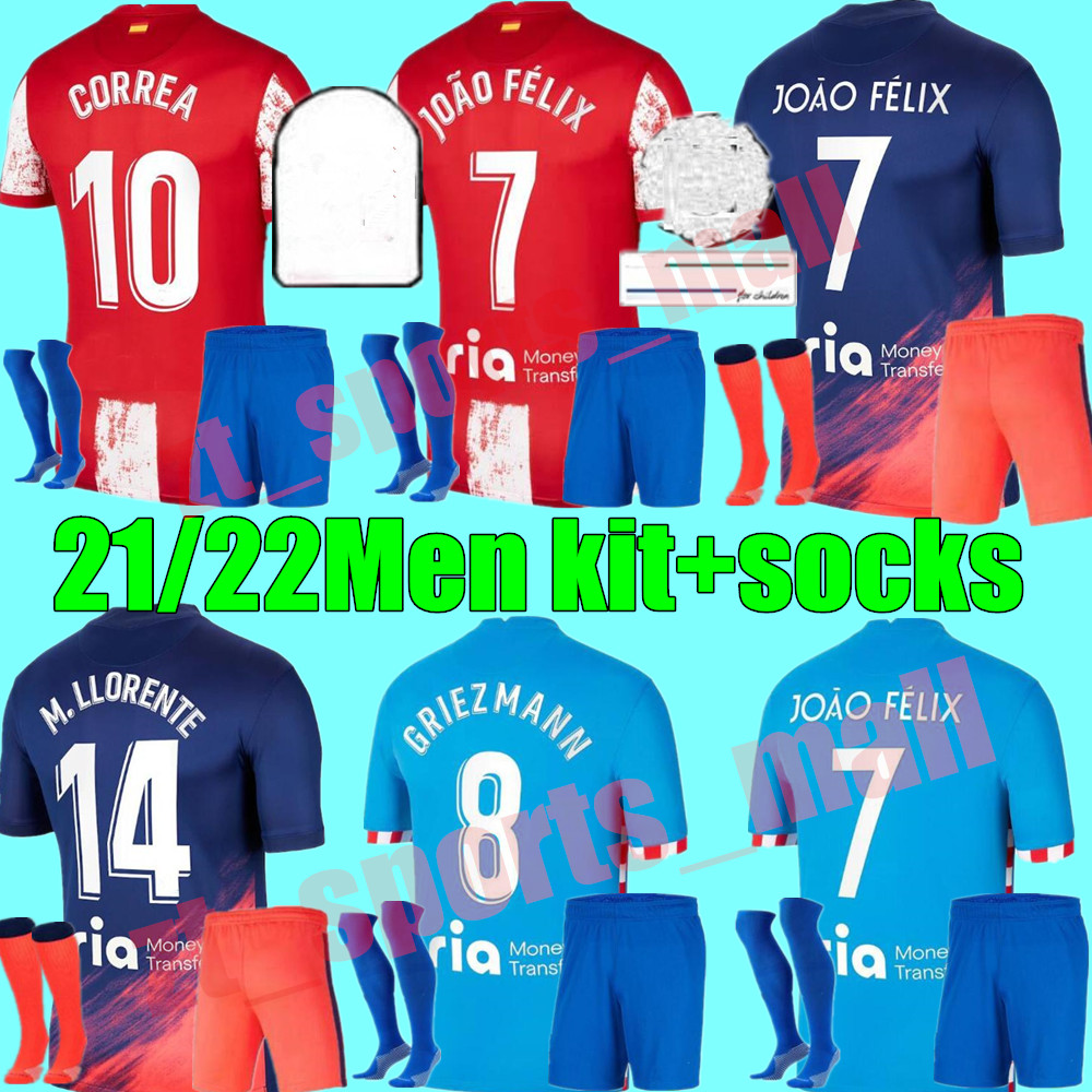 

New 21 22 Atletico Madrid Soccer Jerseys home away 3rd SUAREZ JOÃO FÉLIX 2021 2022 Griezmann M. Llorente CORREA KOKE adult kits LEMAR CARRAS, Black
