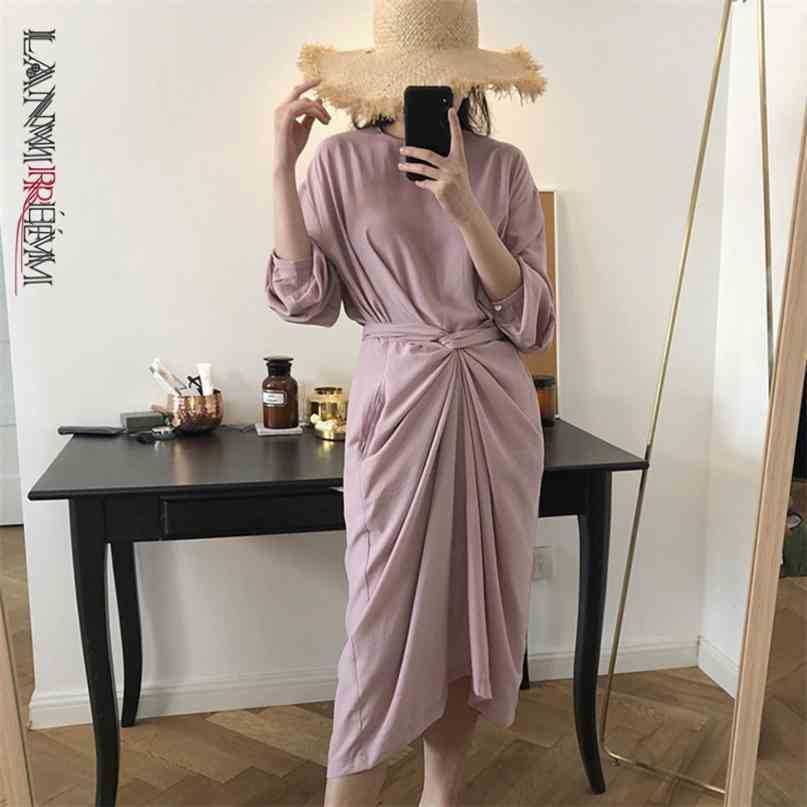 

Women Pink Bandage Mid-long Dress Round Neck Half Sleeve Loose Fit Fashion Temperament Spring Autumn 2E1537 210526, Pink-purple
