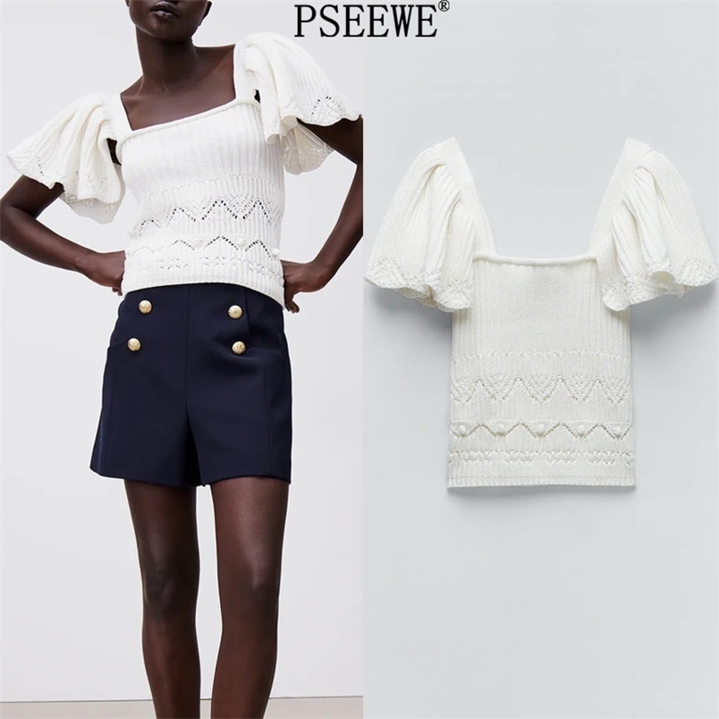 

Ruffle Crop Knitted Top Woman Chic Cut Out Short Sleeve Women Sweater Fashion Slim Summer Thin Sweaters 210519, Beige