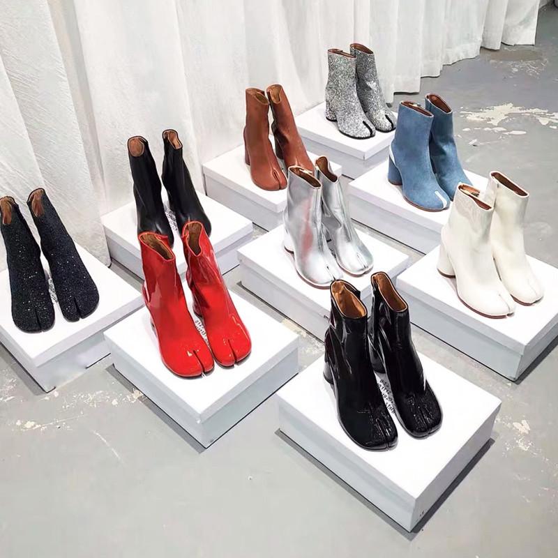 

Boots 10 Color 34-42 Split Toe Genuine Cow Leather Ankle Women Round Chunky High Heels Short Shoes Ninja Tabi Boot, Black patent leather