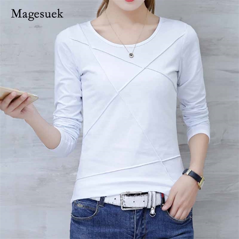 

Autumn Casual Slim Solid Korean Office Lady Clothes Plus Size Long Sleeve Shirt Women Cotton O-neck T-shirt 10713 210518, White