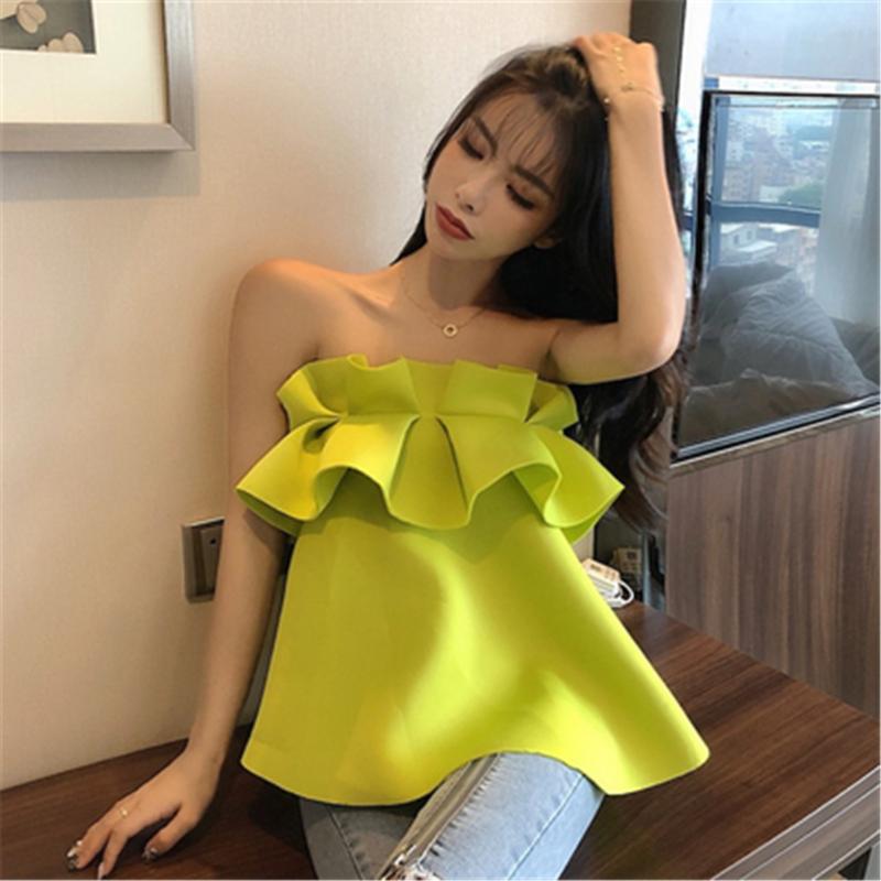 

Women's Blouses & Shirts Fashion Sleeveless Strapless Women Blusas Tops Ruffles Summer Sweet Shirt 2022 Korean Short Seaside Holiday PZ3342, White