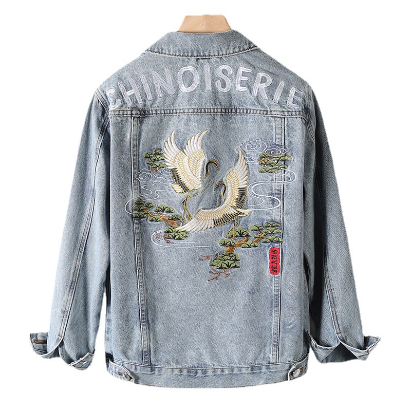 

Autumn men's chinoiserie embroidered cranes Chinese style denim jacket fashion Japanese streetwear clothing coats 5XL, Blue