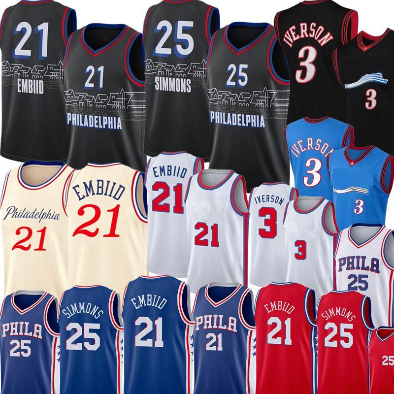 

2021 Basketball Jersey Mens Philadelphia 76er Mens jersey Allen 3 Iverson Joel 21 Embiid Ben 25 Simmons Julius 6 Erving Lzyhome City, Black;red