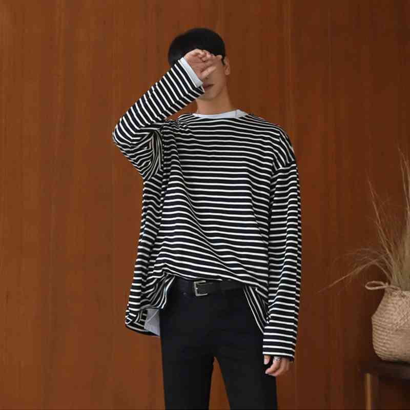 

IEFB / men's wear spring striped long-sleeved T-shirts loose casual Korean style trendy base cotton tops oversize Y3937 210524, And white stripes