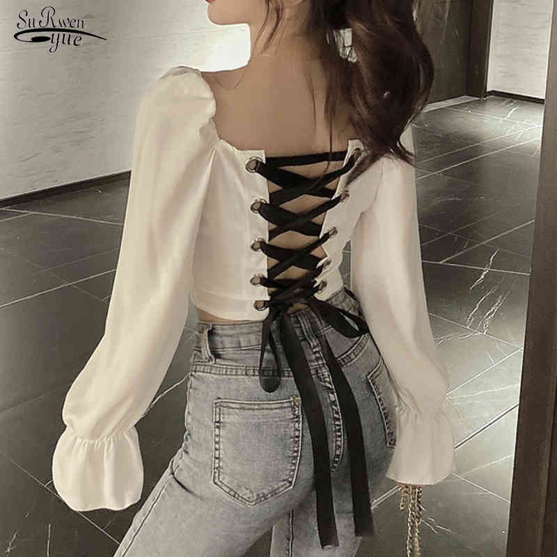 

Spring Long Sleeve Drawstring White Blouse Sexy Slim Ruffle Clavicle Shirt Vintage Back Hollow Cross Tie Black Short Tops 12577 210521