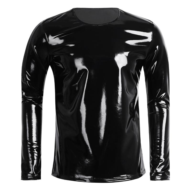 

Men's T-Shirts Black Men Patent Leather Street Tees Long Sleeve Zipper O-Neck T-shirt Nightclub Style Metallic Shiny Hip Hop Pullover Top