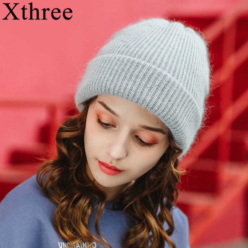 

Xthree Beanie Hat for Women Winter Knitted Rabbit Fur Skullies Warm Bonnet Cap Female s Girl Hat