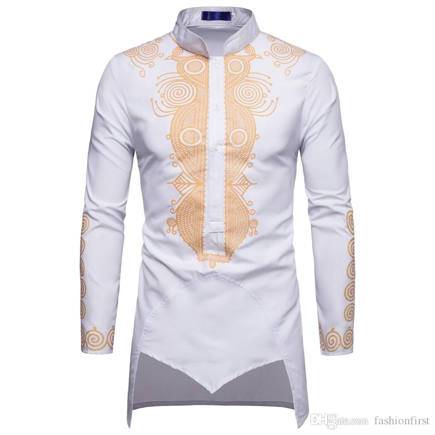 

Fashion popular new autumn shirt spring personality African style printing men's irregular bottom long sleeve pullover shirts, Black