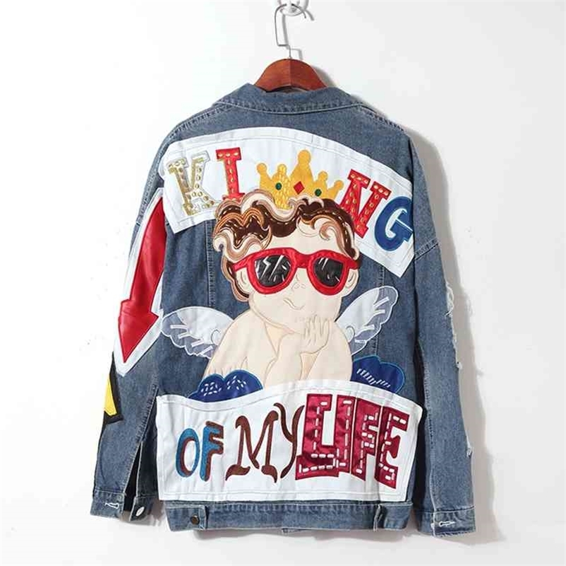 

Fashion Women Long Sleeve Autumn Winter High street Good Quality Angel Baby Pattern Hole Denim Jacket Female Coat A273 210519, Beige