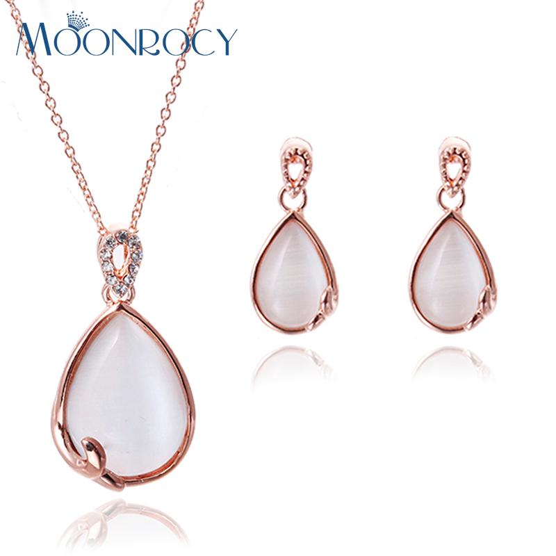 

Earrings & Necklace MOONROCY Austrian Crystal Rose Gold Color Opal Jewelry Set Waterdrop And Earring For Women Girls, Silver