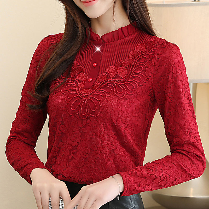 

Designs Spring Autumn Women Fleece Thicken High-neck Lace Bottoming Blouses Female Long Sleeved Tops Warm Shirt Plus Size 5XL xl, Black