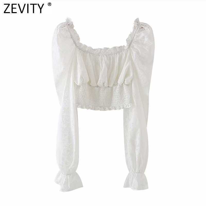 

Zevity Women Agaric Lace Square Collar Hem Elastic Short Smock Blouse Female Ruffles Casual Shirt Chic Blusas Tops LS7556 210603, As pic ls7556gl