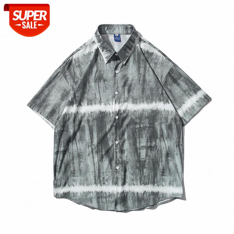 

Street tie-dye gradient retro short-sleeved shirt for men and women loose casual bf Harajuku style hip-hop couple #XA0d, White;black