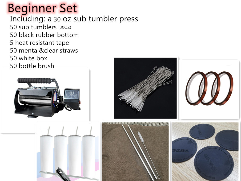 

New beginner Sublimation Set with 30oz sub tumbler Heat transfer press machine with mental&clear straws bottle brush and heat resistant tape black rubber bottom A16, Customize