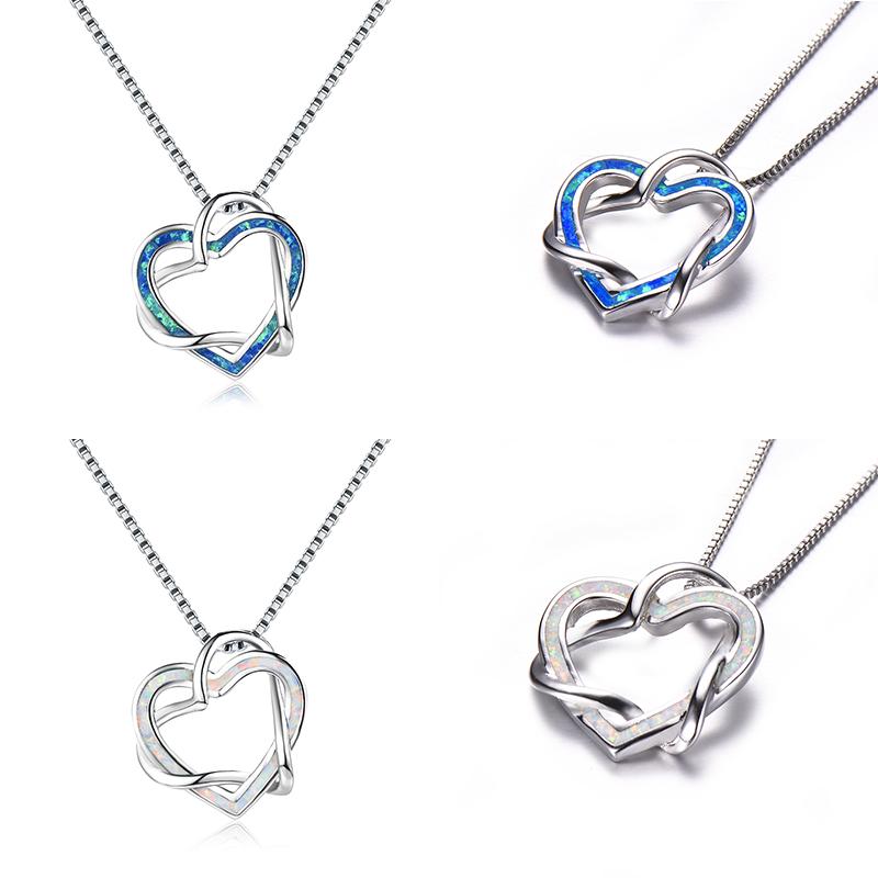 Pendant Necklaces Boho Female Double Heart Necklace Silver Color Choker Chain White Blue Fire Opal For Women-image-706610091