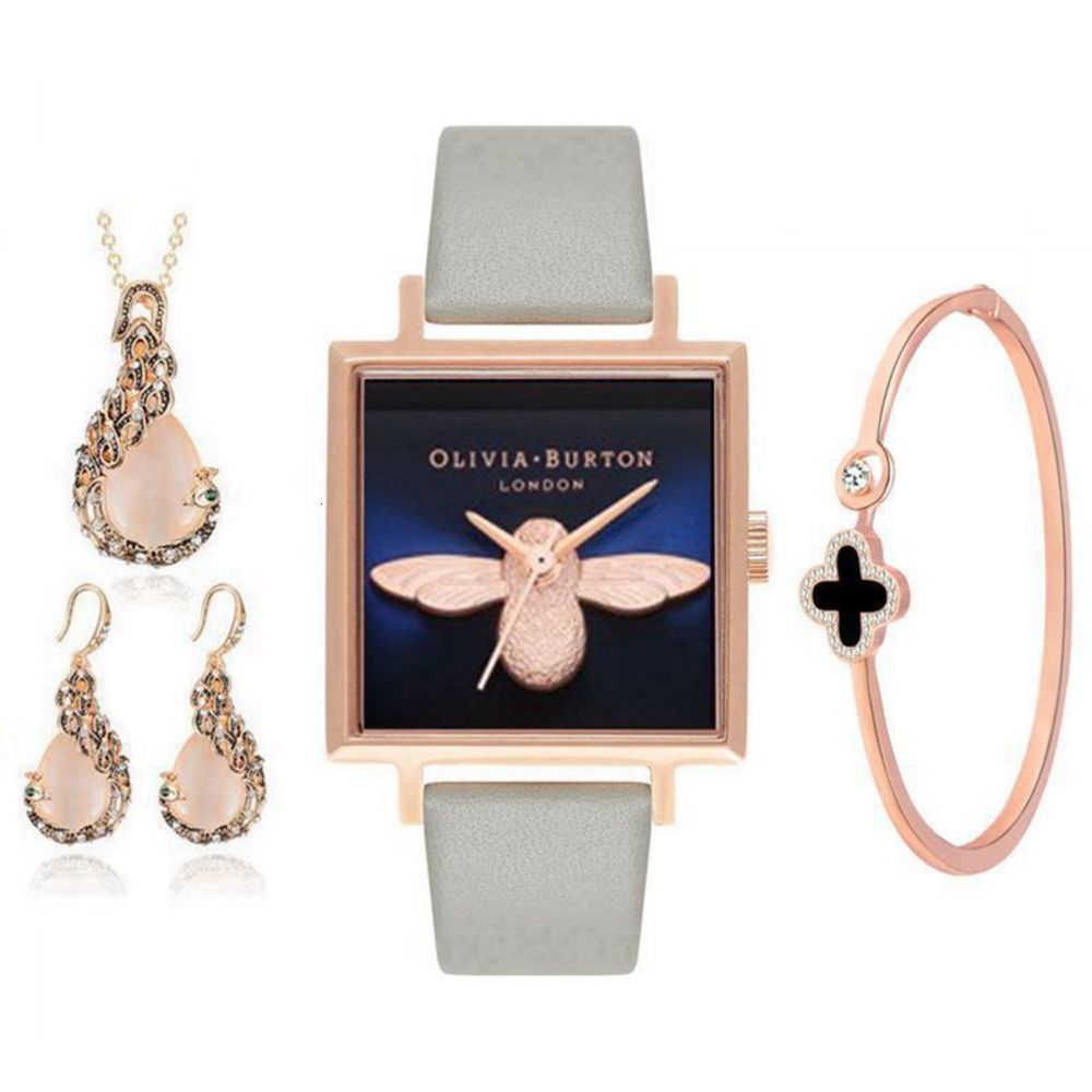 OB new small square women's clover bracelet Jewelry Necklace Watch set steel quartz watch-image-696040536