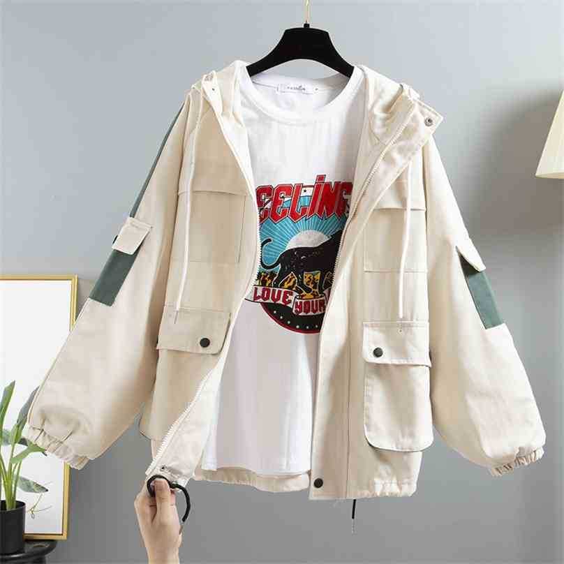 

Women Streetwear Jacket Harajuku Hooded Patchwork Windbreaker Ladies Loose Short Jackets Korean Femake Outwear 210525