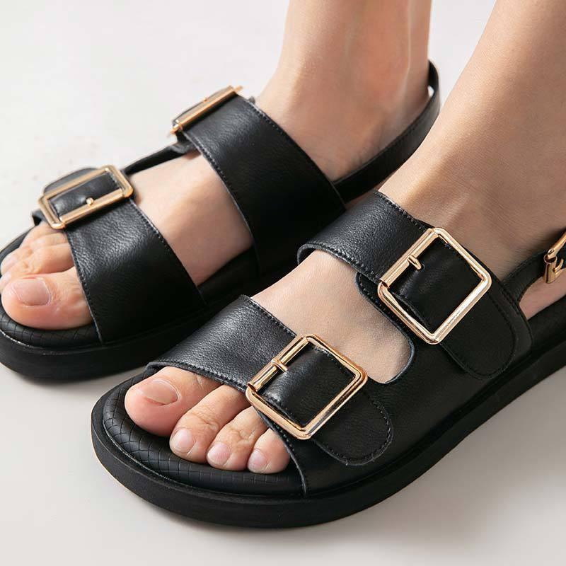 

Sandals Summer Women Flats Platform Shoes Fashion Casual Metal Buckle Soft Bottom Ladies, Black