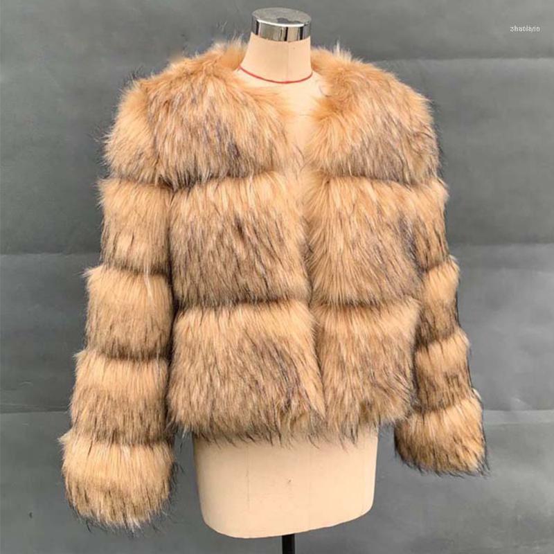 

High Quality Fashion Luxury Faux Raccoon Dog Fur Coat Winter Thick Warm Fluffy Women Artificial Outerwear LJLS1601, Picture color