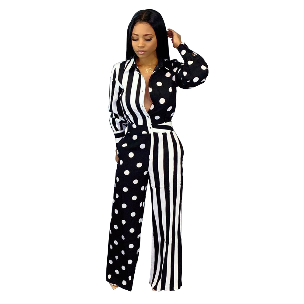 Polka Dot Stripes Patchwork Women Shirt Style Jumpsuits Long Sleeves Turn Down Straight Full Length Autumn Party Casual Pants-image-680373687
