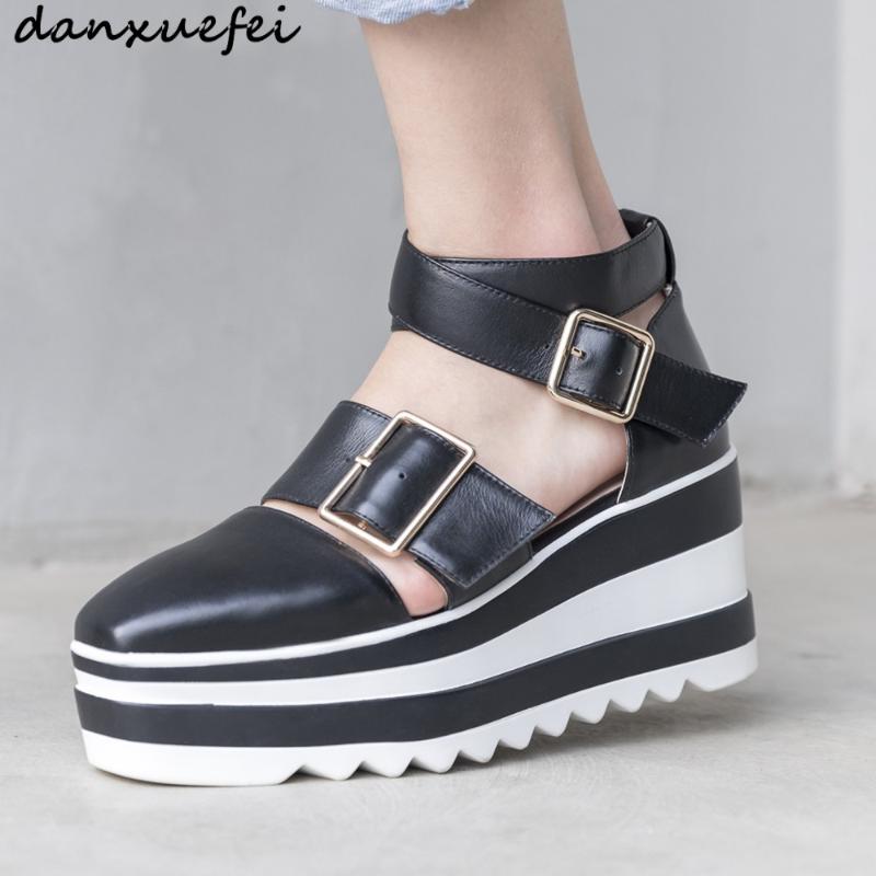 

Women's Genuine Leather Ankle Buckle Wedge Platfrom Sandals Square Toe Thick Sole Punk Summer Sandalias Metal Heels Shoes, Black