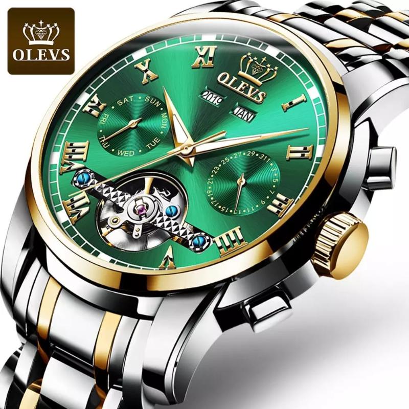 

Wristwatches Business Watch Men Automatic Luminous Clock Tourbillon Stainless Steel Waterproof Mechanical Top Brand Relogio Masculino, Green
