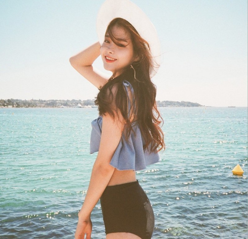 South Korea Summer with One Neck Open Shoulder Lotus Leaf Edge Bikini Split High Waist Spring Denim Swimsuit-image-678490265